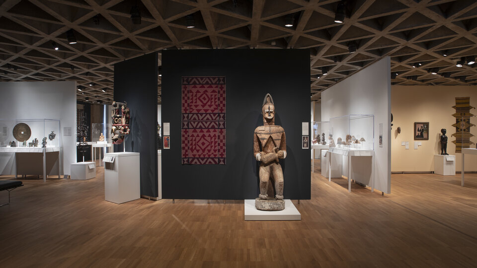 View of objects on display in the African art galleries.