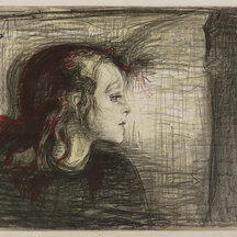 A print showing a girl in profile from the chest up. She stares forward with a serious expression. Red paint or ink partly covers her hair, while the majority of the image is made up of dark lines. 