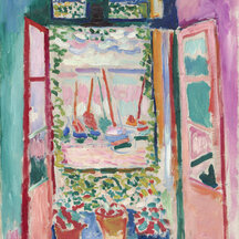 A painting of an open window looking onto boats on water. Potted plants stand on the ledge or balcony onto which the window opens. The work is characterized by loose brushwork and bold strokes of color. The palette is largely pink and green.