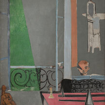 A painting of a boy facing the viewer over the top of a piano at which he sits. At bottom left is a small brown figure resembling a sculpture. At top right is a woman seated on a platform, depicted in gray and white and with few identifiable features. The work has a flat appearance, with these elements rendered against a muted gray ground. However, a green triangle rises at center left.  
