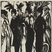 A woodcut showing five figures. Three in the foreground are seen in profile, wearing plumed headpieces. Another at far left faces them, while the final figure is partially seen in the background. Roughly rendered, angular forms appear at far right. The palette is black and white.