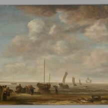 A painting of fishermen and other figures on a beach, with several ships in the background. A huge, cloudy sky occupies about three-quarters of the composition.