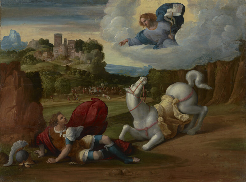 A man has fallen from a horse which has been spooked by a figure in the sky