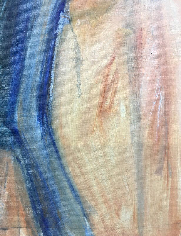 Conservation detail of part of a canvas cleaned. Shows bold blue line at the left and pale pinks and yellows to the right