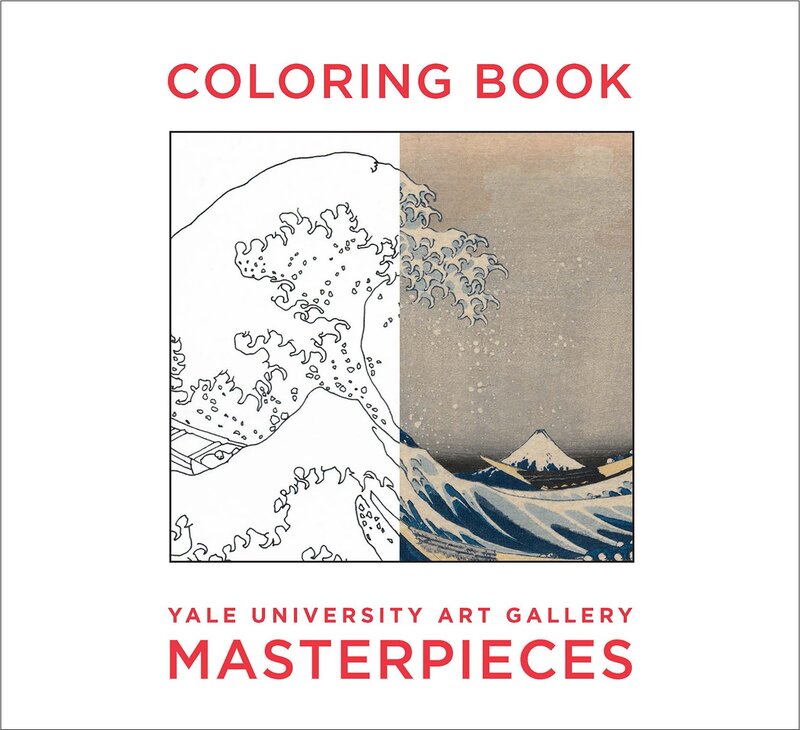 Cover of color book featuring a black-and-white drawing of a giant wave next to a colored drawing of a snow covered Mt. Fuji.
