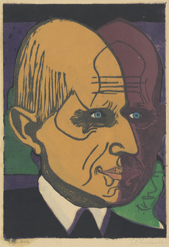 The image is occupied entirely by the head of a man, expressionistically rendered. A bold line down the center divides his face in half; the left is tannish orange, while the right is a deep purple. 