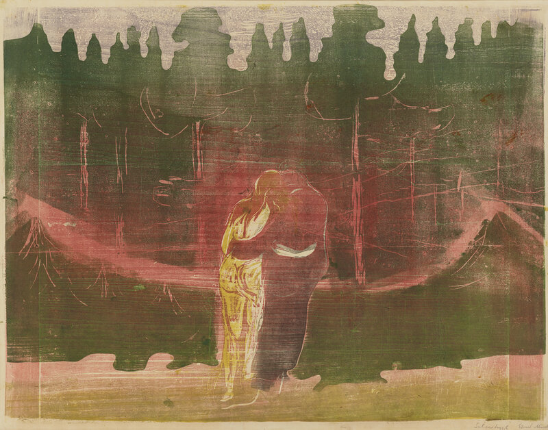 Two standing figures are seen from behind as they embrace outdoors. Pinkish vertical lines in the background evoke tree trunks, while green, inky forms suggest tree tops and perhaps grass.