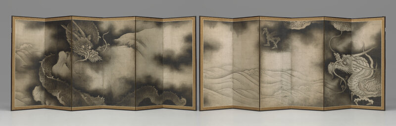 Two folding screens standing side by side. In the one at left, a dragon faces the viewer while wrapping its body around a rock or dune, with waves visible in the background. In the one at right, a dragon is seen in profile over waves. Both screens are characterized by a dramatic contrast between light and dark.