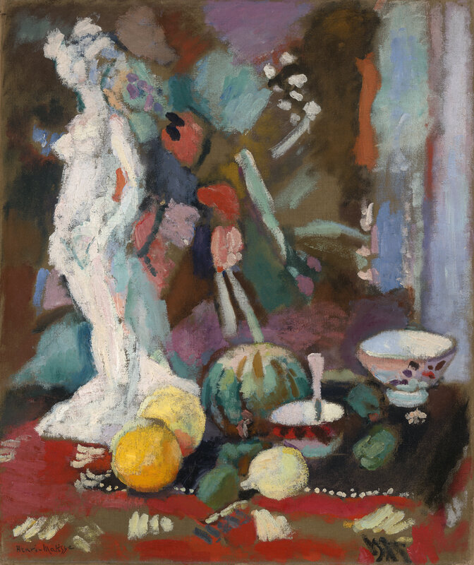 A painting of pieces of fruit on a table alongside small bowls and a tall white figurine. The work is characterized by loose brushwork and bold strokes of color.