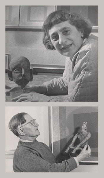 Top: Lee Boltin, Untitled (Anni Albers with Pre-Columbian Head), 1958. Bottom: Lee Boltin, Untitled (Josef Albers Holding West Mexican Figure in front of “Homage to the Square: Auriferous”), 1958