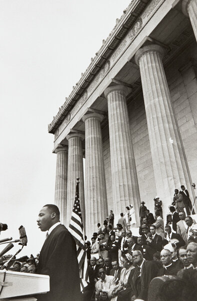 Lee Friedlander, Reverend Martin Luther King, Jr. (at podium); first row: Bishop Sherman Lawrence Greene, Bishop William Jacob Walls, Roy Wilkins, and A. Philip Randolph, from the series Prayer Pilgrimage for Freedom, 1957, printed later