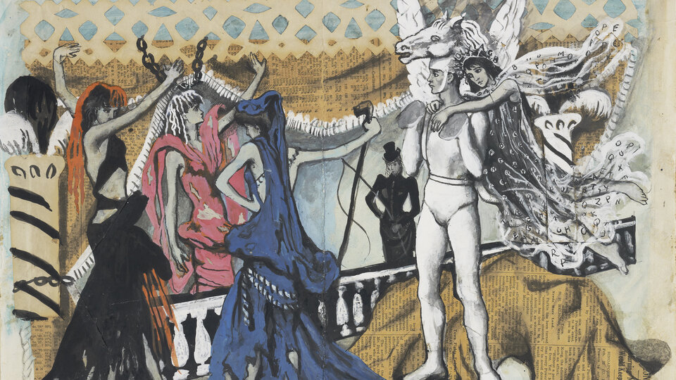 A watercolor with figures in costume. Three female figures are grouped together at left wearing long black, pink, and blue dresses, respectively. In the center background is the figure of a circus-ring mistress dressed in black holding a whip. At right, is a man dressed in a white costume with wings and hooves and hanging around his neck is a female figure in a dark gray dress with writing on it.