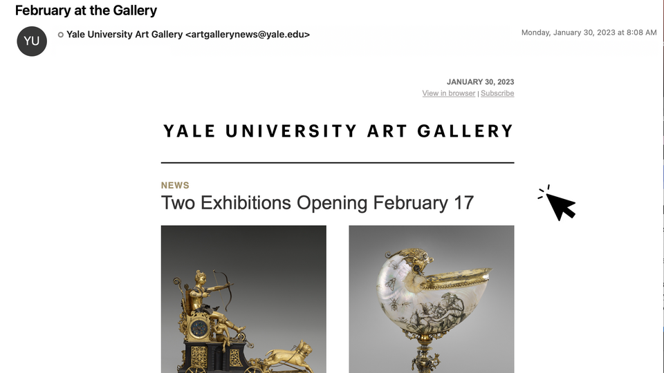 Screenshot of an E-Newsletter from Yale University Art Gallery with mouse icon