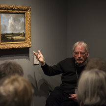A seated person gestures towards a painting on the wall