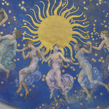 Figures in pastel-colored garments hold hands and dance in a circle on a background that resembles a starry sky with an illuminated sun at the center.