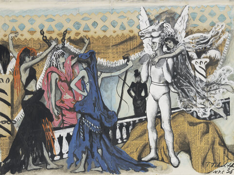 A watercolor with figures in costume. Three female figures are grouped together at left wearing long black, pink, and blue dresses, respectively. In the center background is the figure of a circus-ring mistress dressed in black holding a whip. At right, is a man dressed in a white costume with wings and hooves and hanging around his neck is a female figure in a dark gray dress with writing on it.