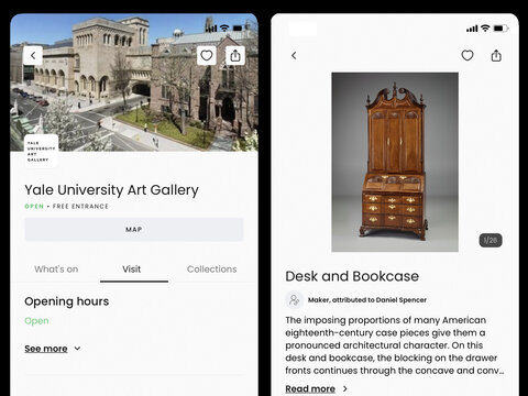 Museum's app landing page and page about a piece of furniture on iPhone