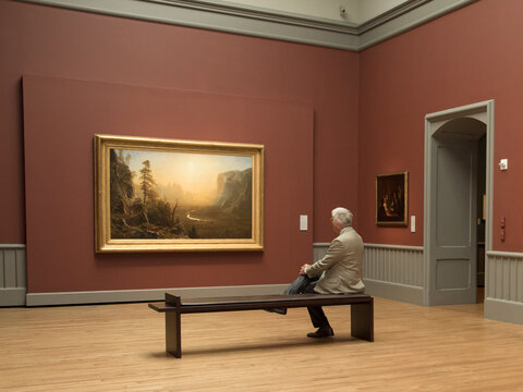 A man sits on a bench, with his hands clasped around his knee, looking at a large landscape painting hung on a maroon colored wall