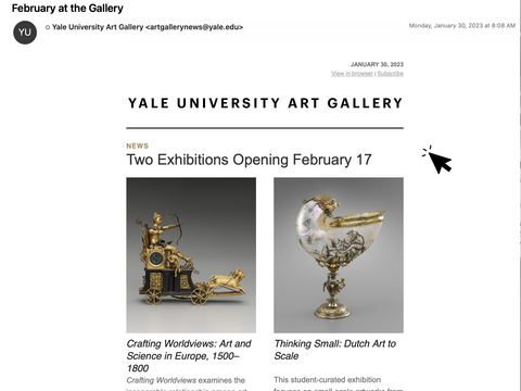 Screenshot of an E-Newsletter from Yale University Art Gallery with mouse icon