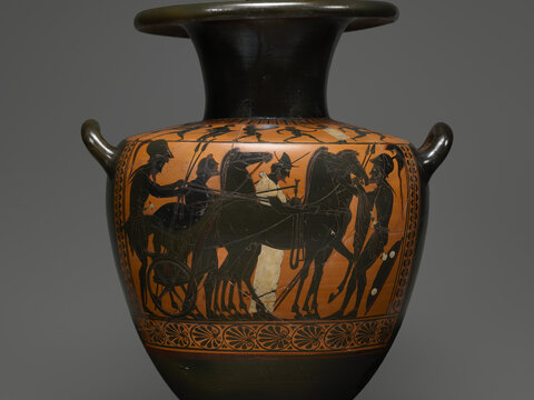 A black vessel with a wide mouth, slightly narrower neck, and a wide body, with a narrower foot. Two small handles protrude from the top of the body. Three-quarters of the body is covered with a processional scene, moving right, above a skinny banded design. The horses and figures of the procession are black, while the background is red. One of the figures, at center, wears a long white garment.