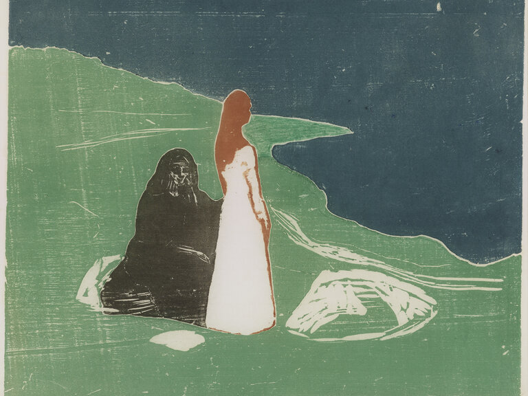 A woodcut of two figures next to each other in a green setting with abstract white details. One in a white dress with orange hair stands and looks toward a blue form that occupies the upper right and top of the print. The other is seated facing the standing figure's left side and is dressed entirely in black, with black hair or a veil covering their head.