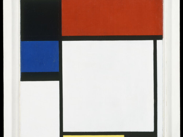 A square painting divided by thick black lines into several square and rectangular fields. The left third of the painting is divided into three fields: the topmost one is a black square, the middle a royal-blue rectangle, and the bottom a tall white recta