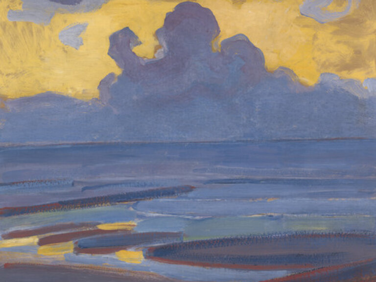 An abstract painting of a cloudy sky over water, seen from shore. The shore consists of only a few strokes of red and blue at the bottom of the image. The water is bluish purple in color, with hints of green and yellow near the shore. The same bluish purp