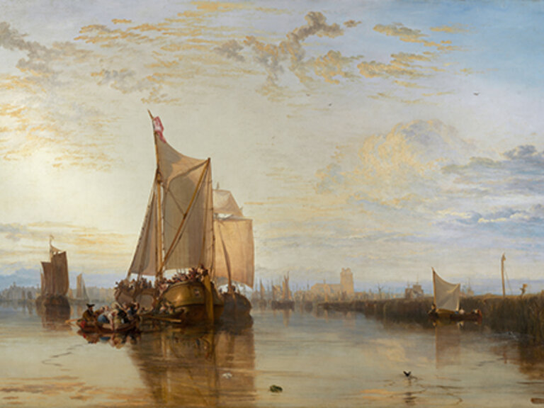 A painting of several ships in a harbor, with a city faintly visible in the background. A particularly detailed ship occupies the middle ground. Its deck is crowded with people. One of those on board appears to either hand off or receive something from tw