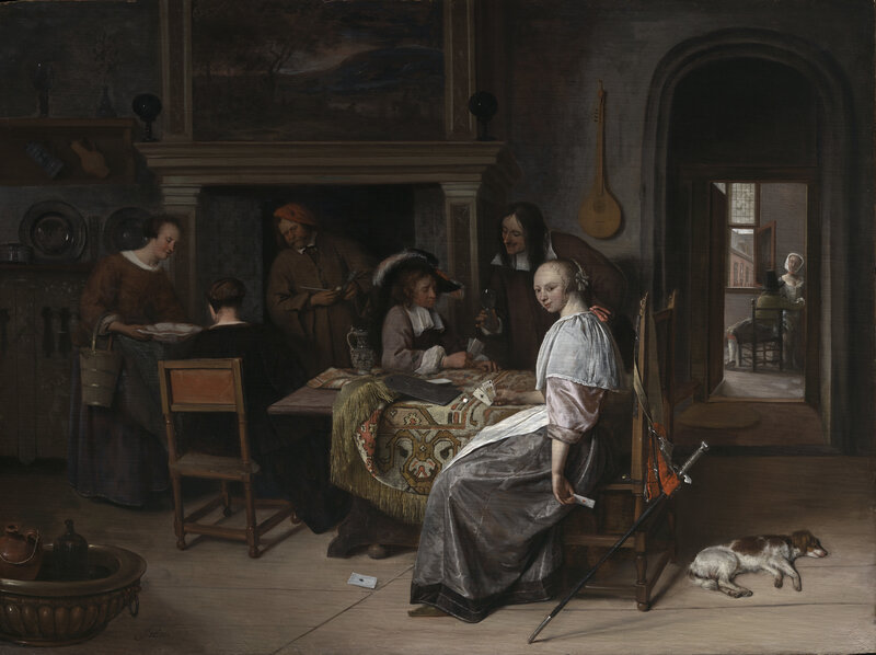 A group of people sit around a table playing cards. A figure in the foreground shows a hidden card