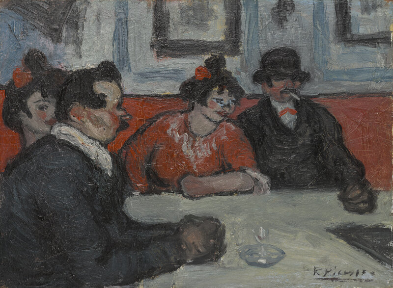 A group of people sit at a table looking in the same direction. The figures are painted in flat black and red colors