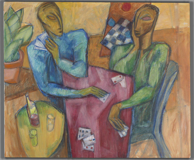Two figures sit facing each other at a table and are playing cards