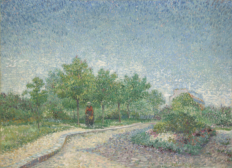 A lone figure stands on a path in a park setting. Behind them are several trees and blue sky