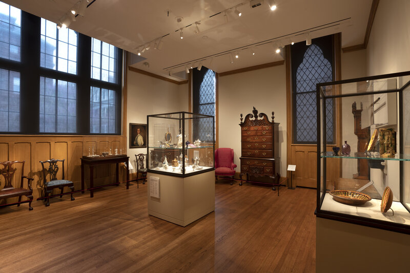 View of objects on display in the American decorative arts galleries.