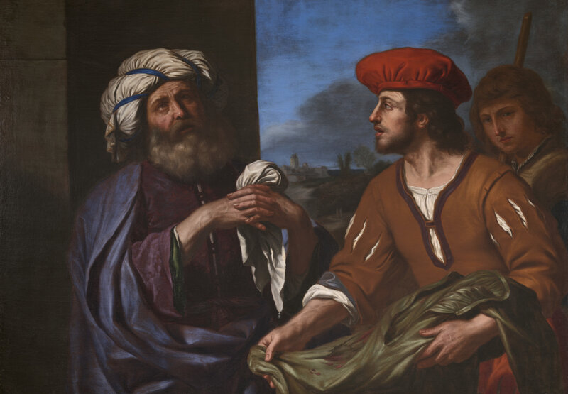 Young male figure dressed in a brown tunic with a red cap shows a bloodied tunic to an older male figure, who is looking away and gazing up at the sky.