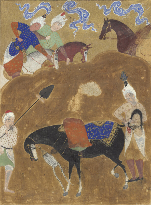 a group of painted figures surround a black horse whose tail hair is being cut off.
