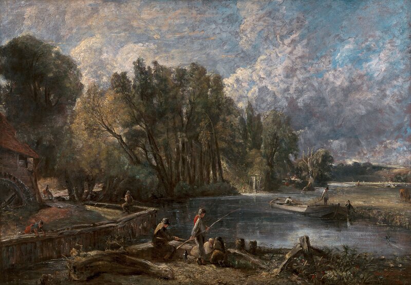 A painting of a mill in a landscape that is sparsely populated by figures. A river winds from the right foreground to the center middle ground and into the background. The painting style is loose, the brush strokes being particularly visible in the sky. 