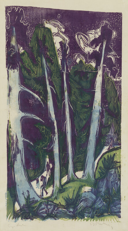 A woodcut showing tall trees with pale blue trunks and green tops against a purple background and sky. Small figures walk on a path through the trees. The style of the print is rough and expressionistic. 