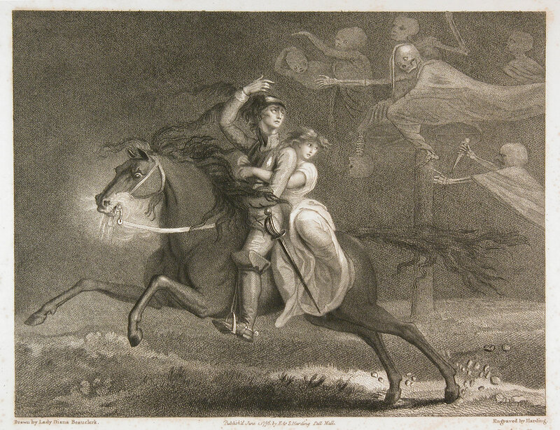 A print showing a man and woman on horseback. The woman rides behind the man, clutching his chest. Both glance back at ethereal, skeletal figures that fly behind them.