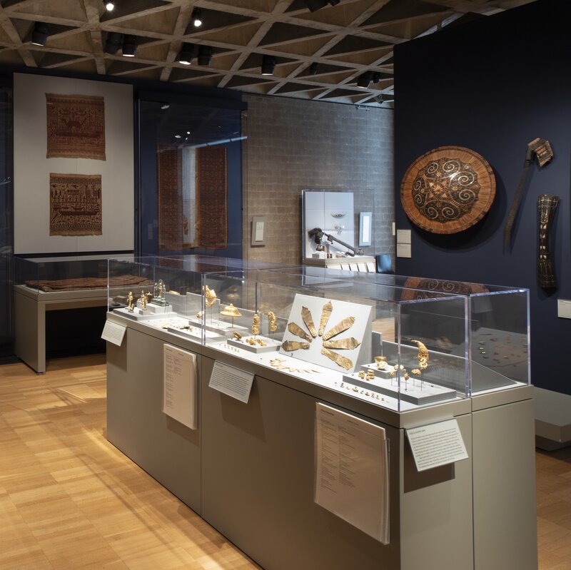 A rectangular, covered display case with a gray base that holds gold objects in a gallery with dark blue walls, on which hang artworks.