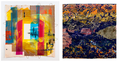 Left: Tomashi Jackson, Heiresses (The Central Park Plan), 2019. Acrylic, oil, and silkscreen on paper and canvas, with digital prints on vinyl. Courtesy the artist and Tilton Gallery; right: Naomi Safran-Hon, The Storm in My Heart, 2019. Acrylic, cement, 