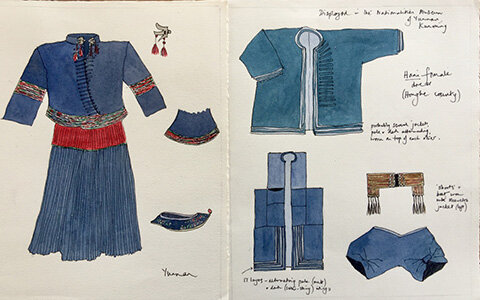 Watercolor sketches of indigo-dyed textiles by ethnic minorities in the Yunnan Nationalities Museum, Kunming, China. The sketches were made by Jenny Balfour-Paul in 2000, when she attended a UNESCO conference in China on safeguarding the intangible herita