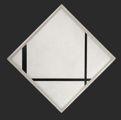 A square painting consisting of a white square on a solid-black ground. The square form is rotated 45 degrees to form a diamond shape and is enclosed in a matching white frame. Inside the diamond, two black lines extend vertically, sectioning off the left