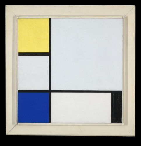 A square painting divided by black lines into five square and rectangular fields of color.
