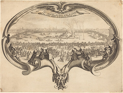 An etching showing a scene contained within a horizontal, oblong field. The field has a trompe l’oeil frame, on which seated or standing figures are visible from behind as they look on to the scene beyond. A face forming part of the frame at center top re