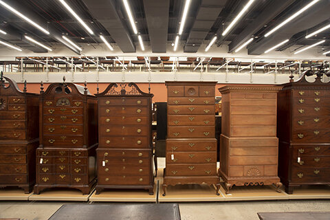 Chests-on-chests and tables in the new Leslie P. and George H. Hume American Furniture Study Center