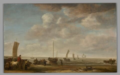 A painting of fishermen and other figures on a beach, with several ships in the background. A huge, cloudy sky occupies about three-quarters of the composition.
