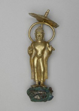 Standing Buddha with Parasol, Javanese. Gold with bronze base. Early Classic Period (700–1000 AD)