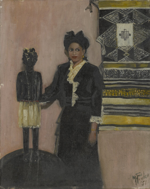 A painting of a woman in a black dress with white ruffled details. She stands between a sculpture, on a platform, and a yellow, black, and white tapestry, which hangs on the pale pink wall behind her. The woman reaches toward the sculpture while gazing in the opposite direction.